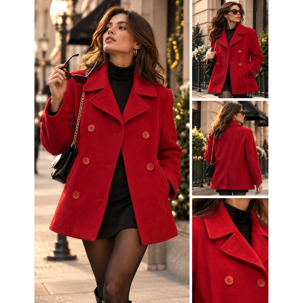 Y2K L.L.Bean Women's Petite 8 Red Lamb Wool Pea Coat 2x Breast Thinsulate Lined
